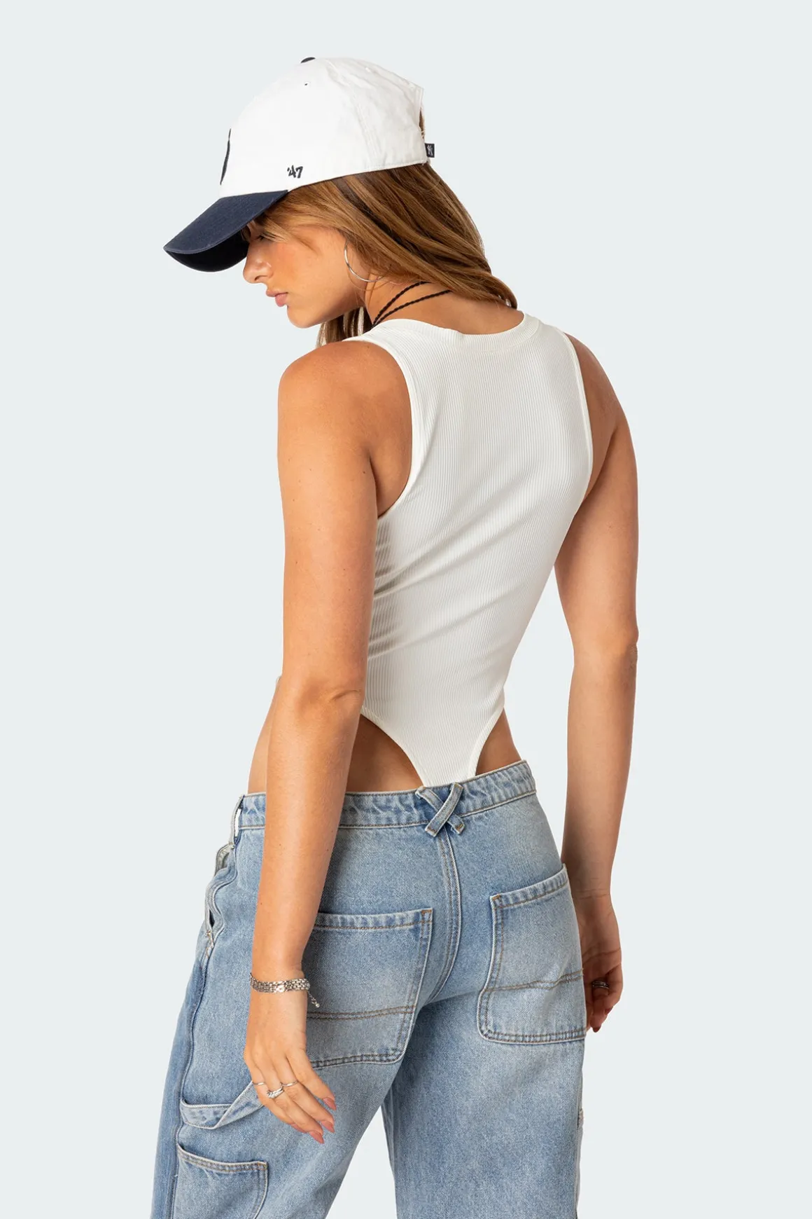 High Cut Ribbed V Neck Bodysuit