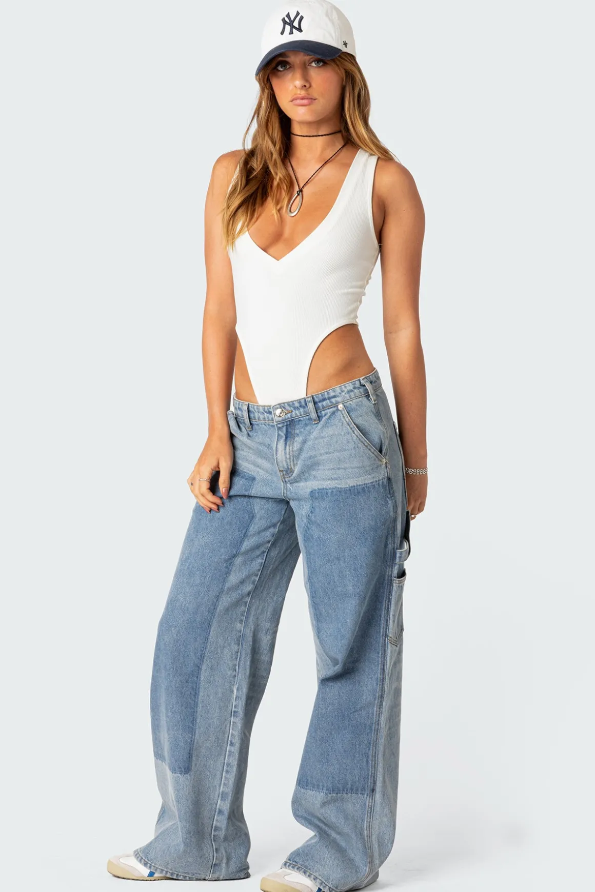 High Cut Ribbed V Neck Bodysuit