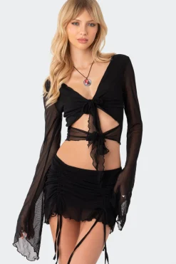 Indigo Tie Front Mesh Crop Top