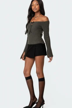 Keyhole Off Shoulder Ribbed Knit Top