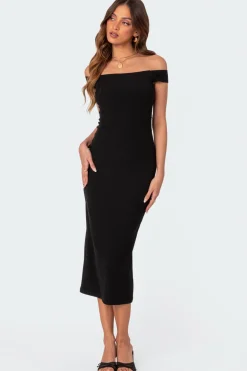 Kyla Off Shoulder Ribbed Midi Dress