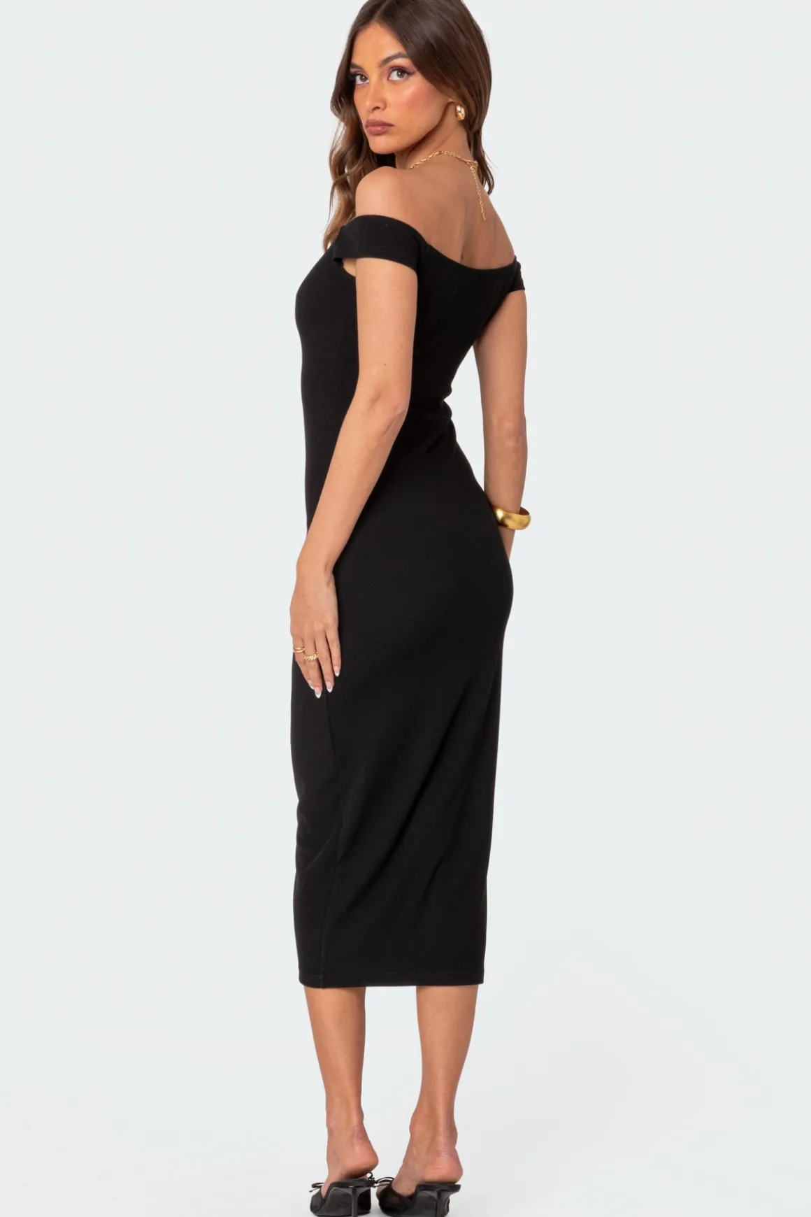 Kyla Off Shoulder Ribbed Midi Dress