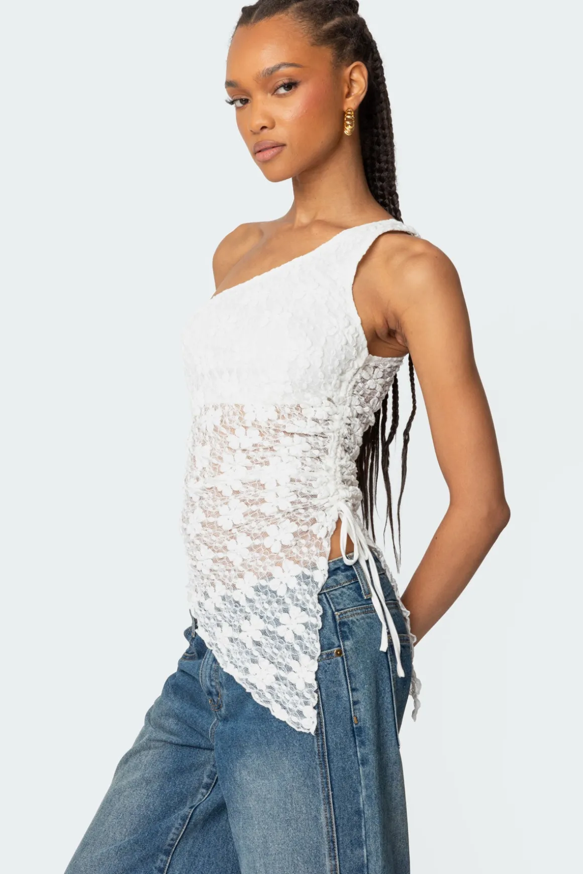 Lacey Sheer Asymmetric Drawstring Top
