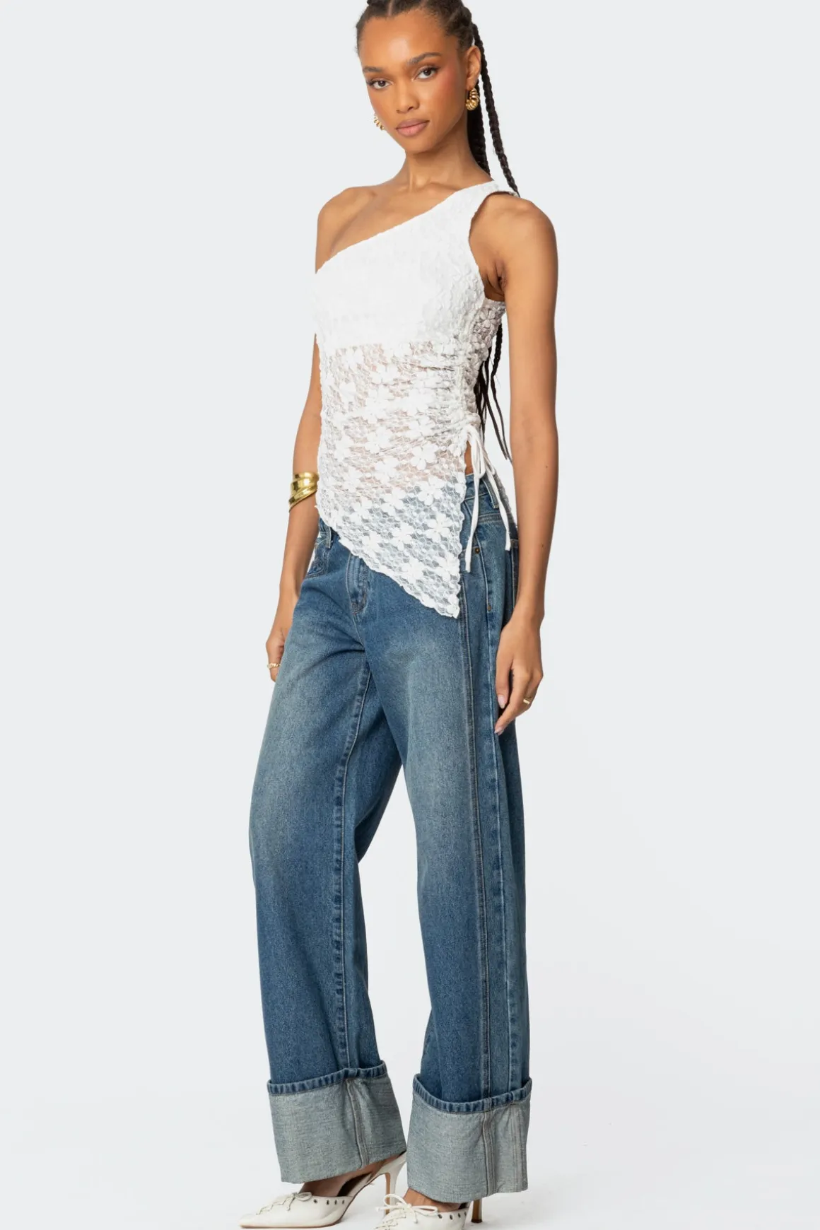 Lacey Sheer Asymmetric Drawstring Top