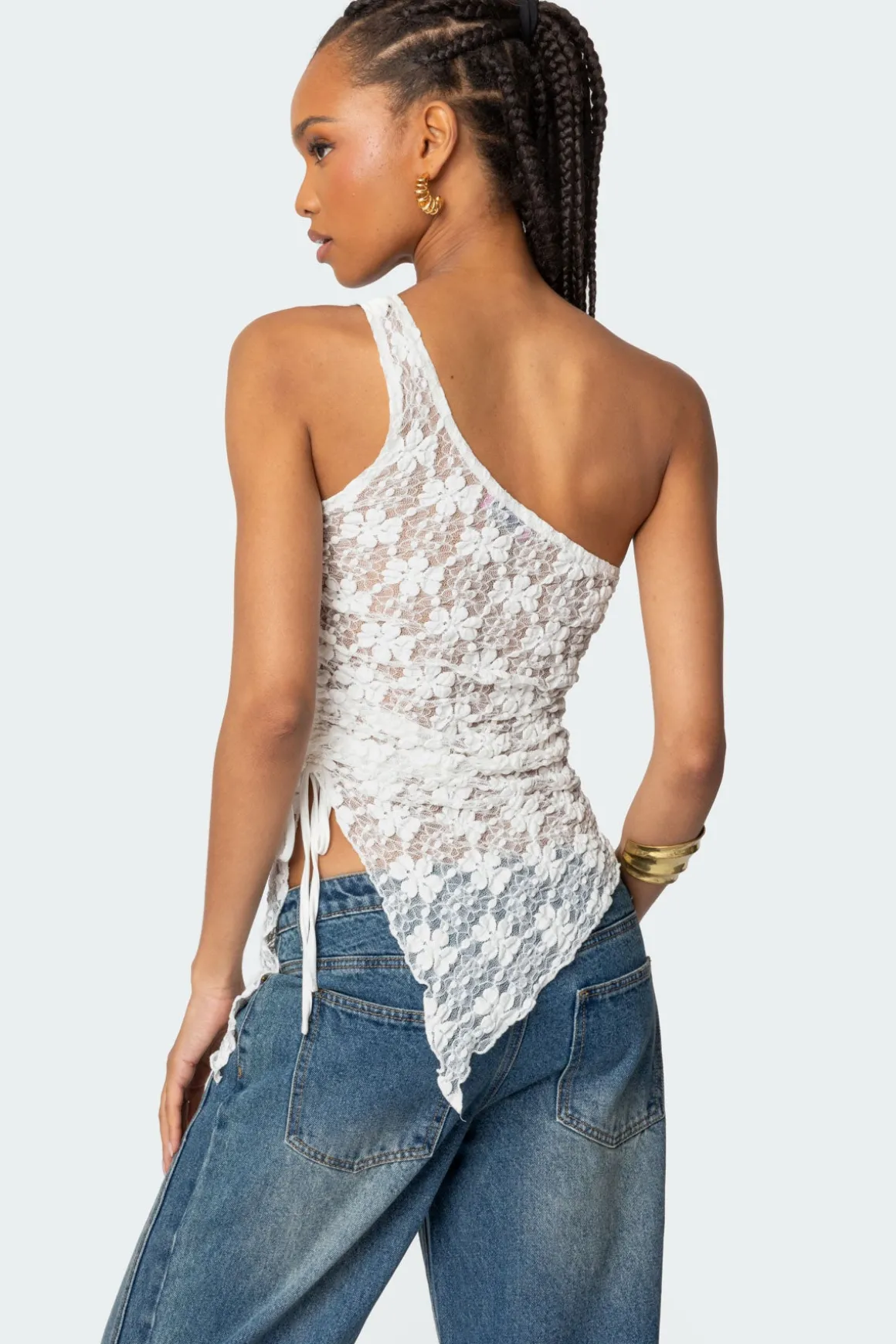 Lacey Sheer Asymmetric Drawstring Top