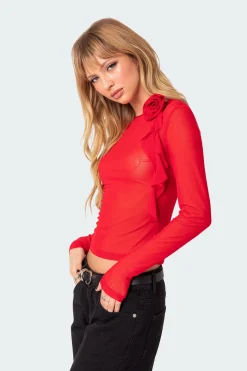Larose Sheer Mesh Flower Pin Top