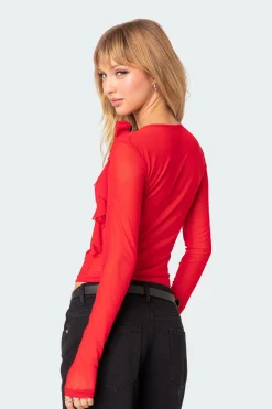 Larose Sheer Mesh Flower Pin Top