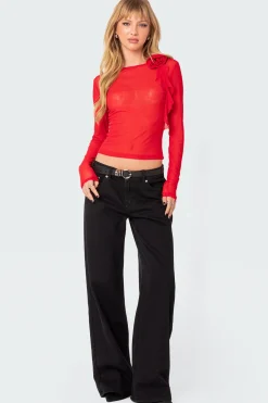 Larose Sheer Mesh Flower Pin Top