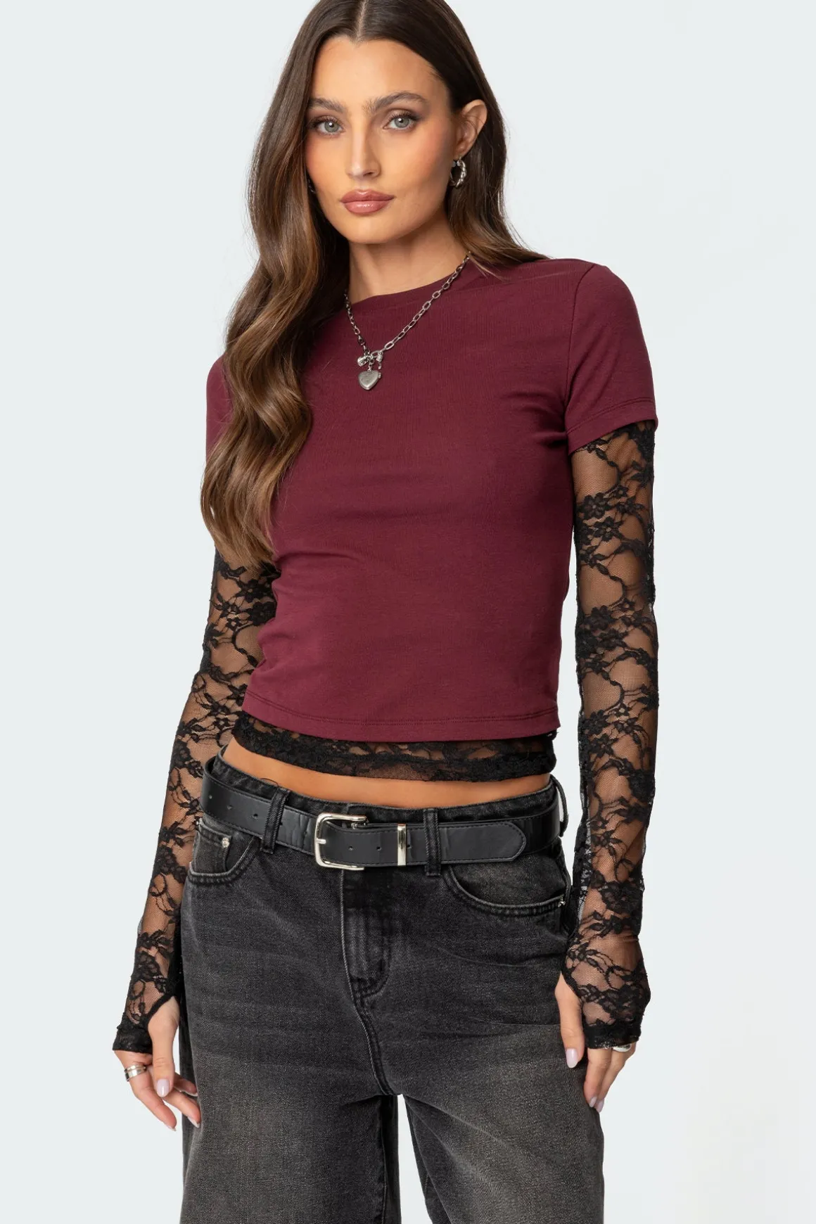 Layered Lace Sleeve T Shirt