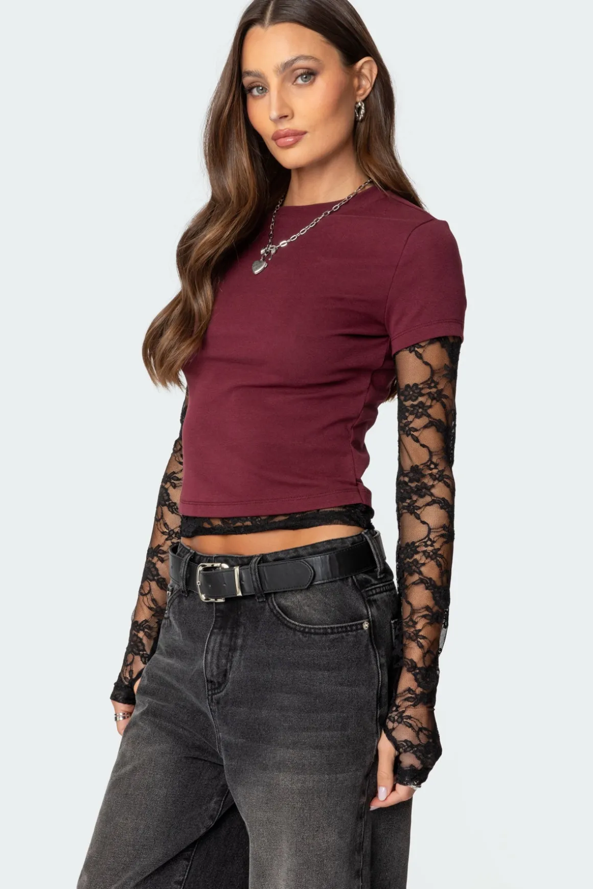 Layered Lace Sleeve T Shirt