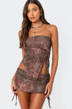 Leopard printed asymmetric mesh tube top