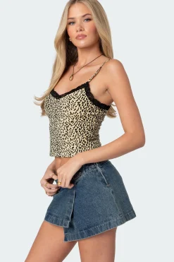 Leopard Printed Lace Trim Tank Top