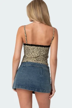 Leopard Printed Lace Trim Tank Top