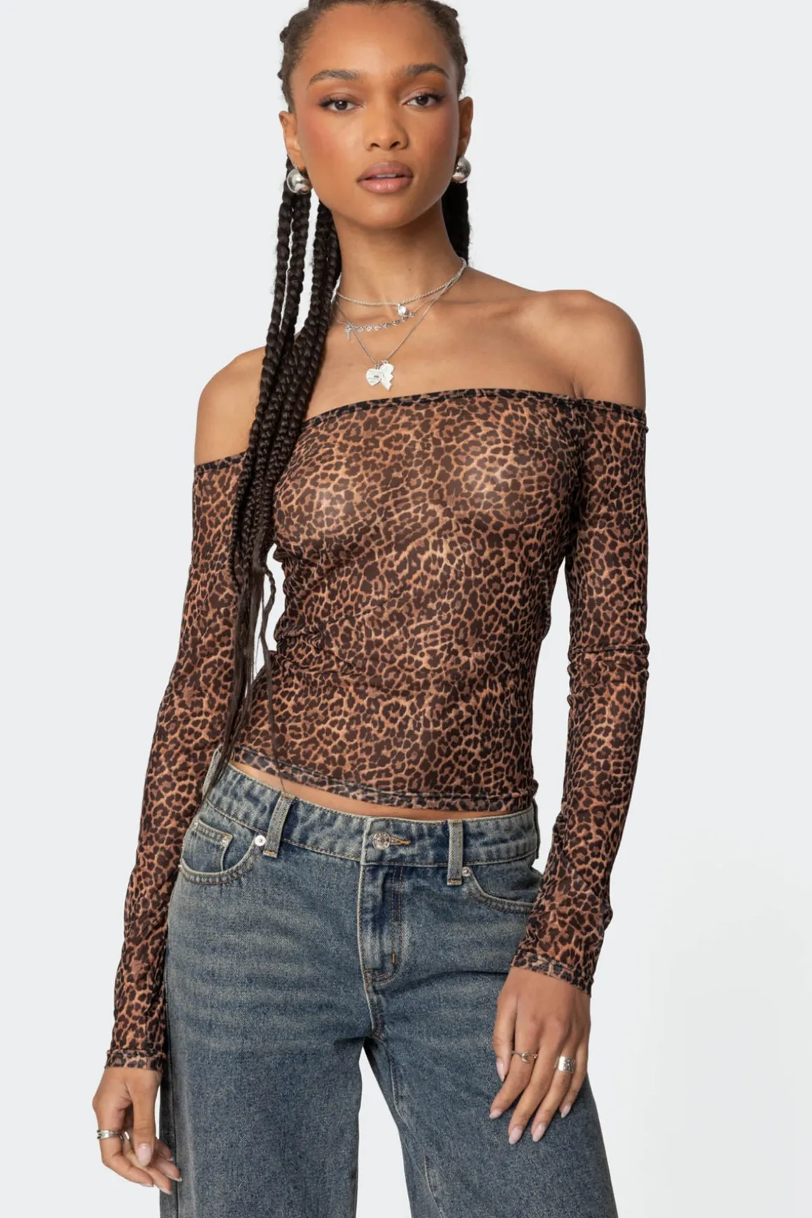 Leopard Sheer Mesh Off Shoulder Top