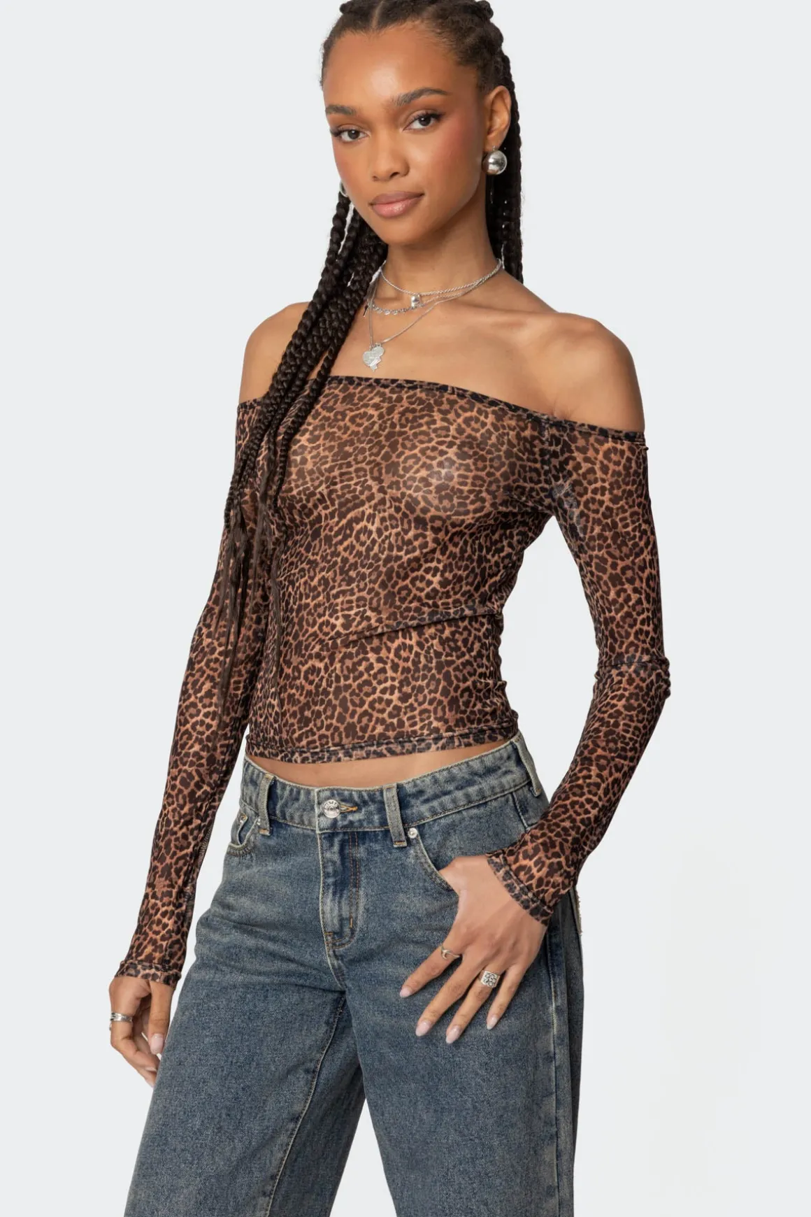 Leopard Sheer Mesh Off Shoulder Top