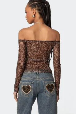 Leopard Sheer Mesh Off Shoulder Top