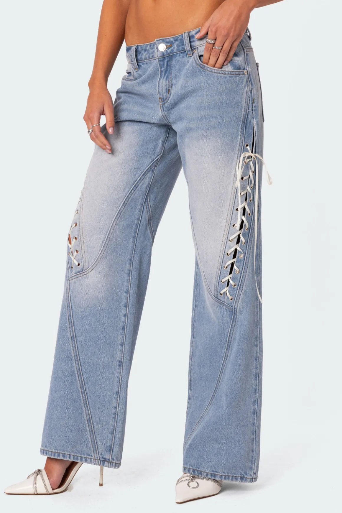 Low Rise Ribbon Lace Up Jeans