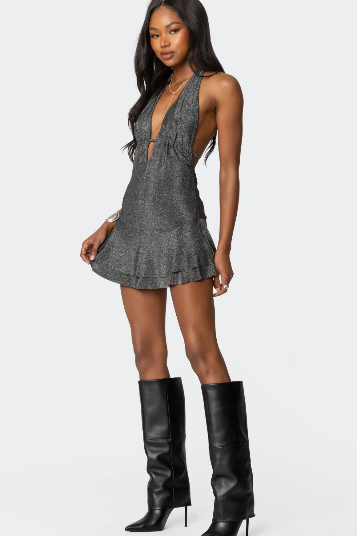 Metallic Backless Halter Mini Dress