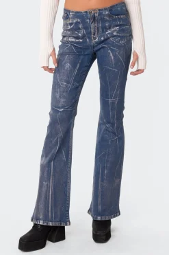 Metallic Coated Low Rise Flared Jeans