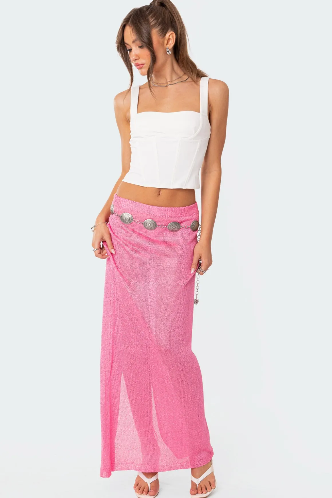 Micro Sequin Sheer Knit Maxi Skirt