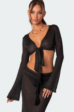 Micro Sequin Tie Front Knit Crop Top