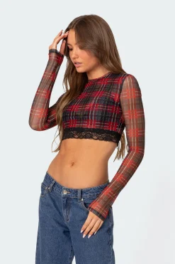 Noel Plaid Printed Mesh Crop Top