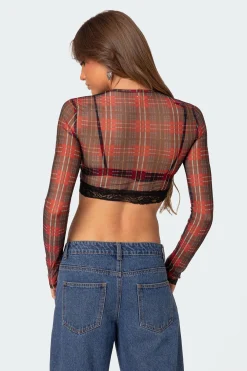 Noel Plaid Printed Mesh Crop Top