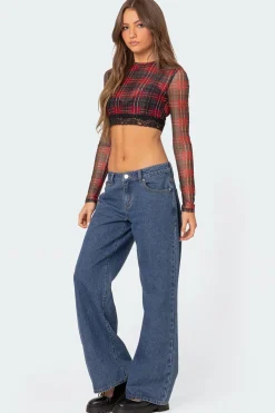 Noel Plaid Printed Mesh Crop Top
