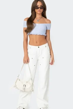 Off Shoulder Eyelet Crop Top