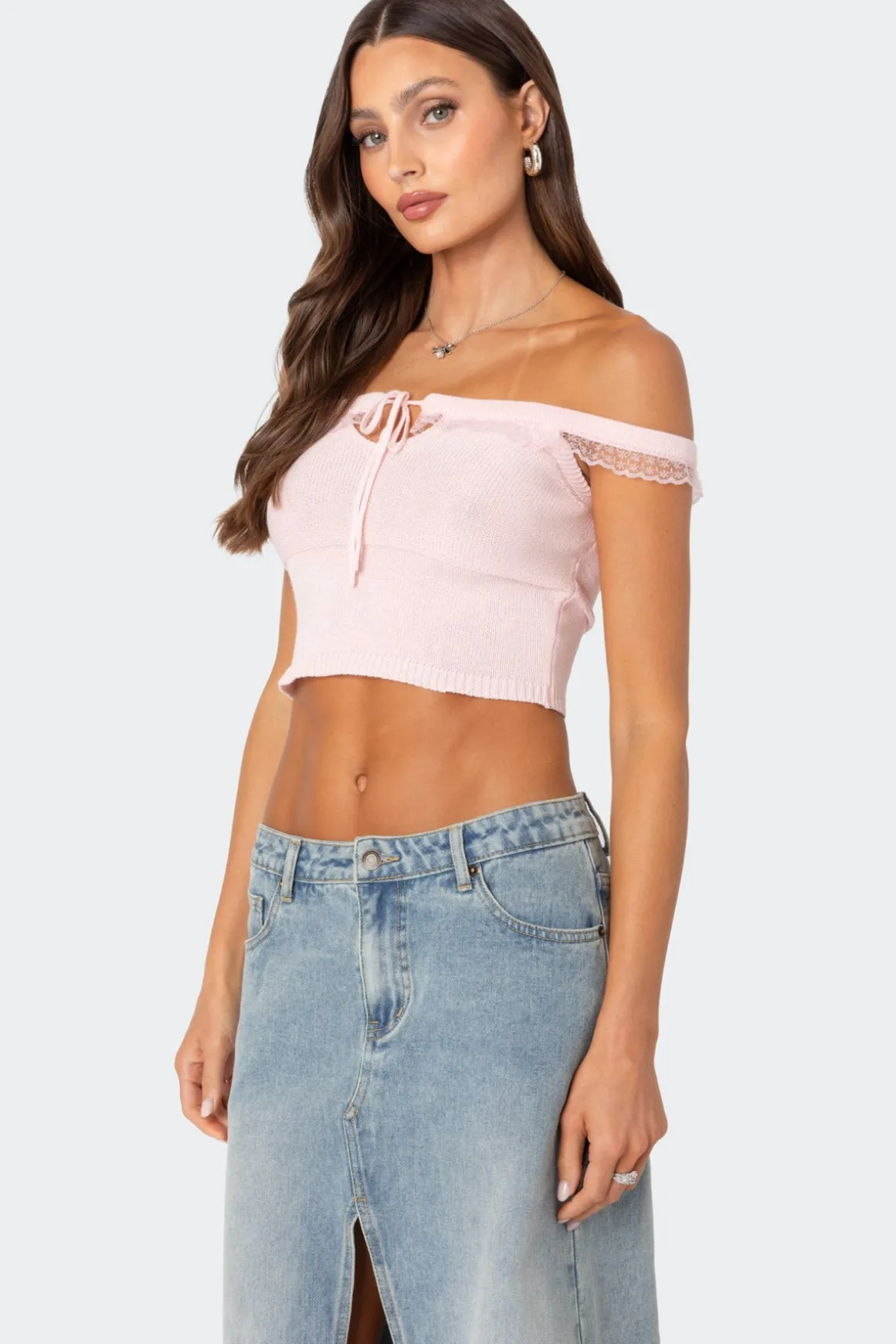 Off Shoulder Trimmed Knit Top