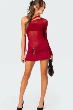 One Shoulder Sheer Mesh Mini Dress