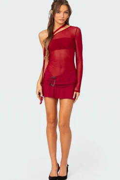 One Shoulder Sheer Mesh Mini Dress