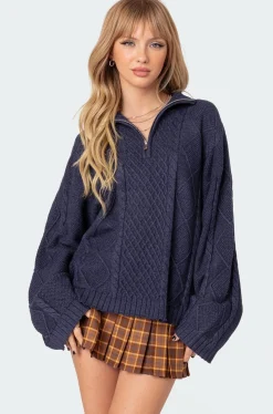 Oversized Quarter Zip Cable Knit Sweater