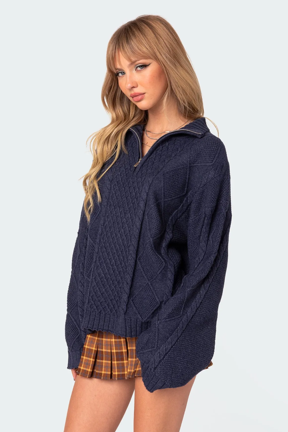 Oversized Quarter Zip Cable Knit Sweater