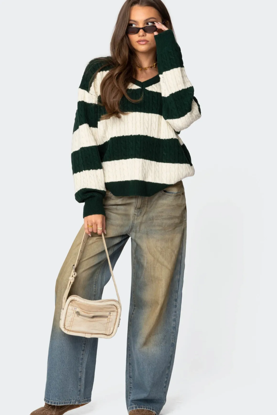 Oversized Striped Cable Knit Sweater