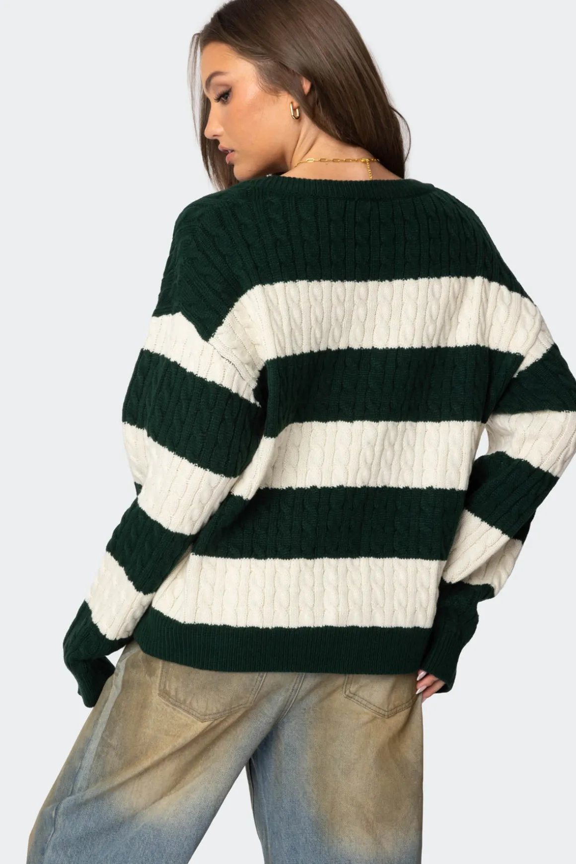 Oversized Striped Cable Knit Sweater
