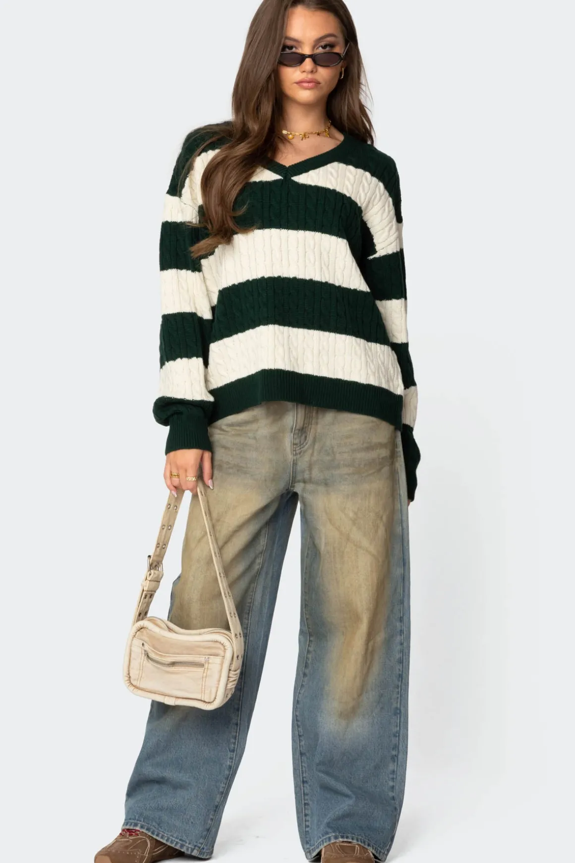 Oversized Striped Cable Knit Sweater