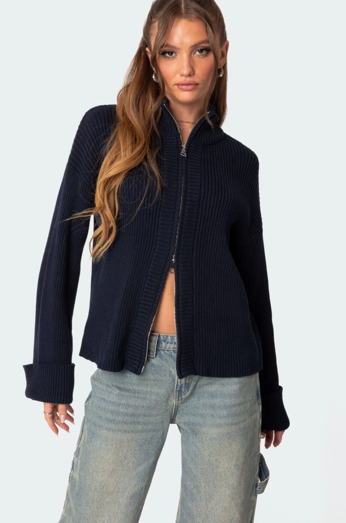 Oversized Zip Up Turtle Neck Cardigan