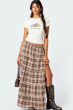 Plaid Side Slit Tiered Maxi Skirt