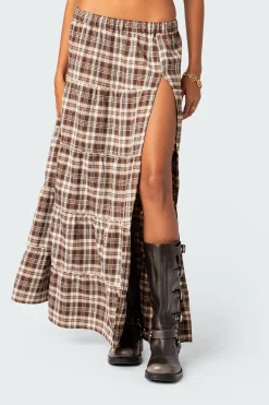 Plaid Side Slit Tiered Maxi Skirt