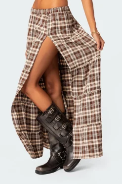 Plaid Side Slit Tiered Maxi Skirt