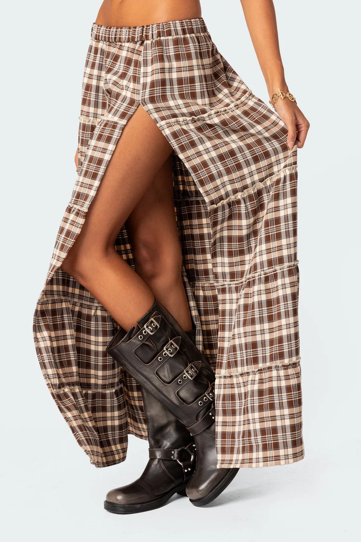 Plaid Side Slit Tiered Maxi Skirt