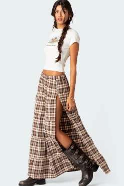 Plaid Side Slit Tiered Maxi Skirt