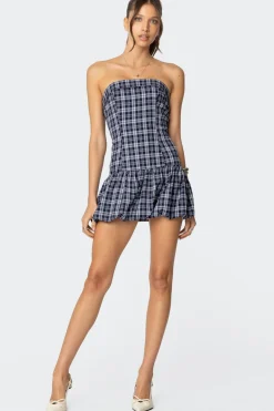 Plaid Strapless Bubble Mini Dress