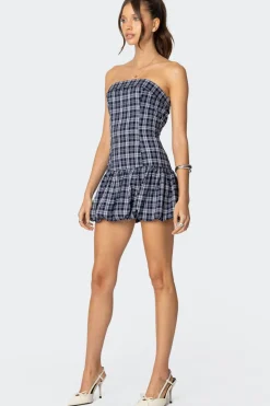 Plaid Strapless Bubble Mini Dress