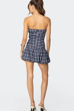 Plaid Strapless Bubble Mini Dress