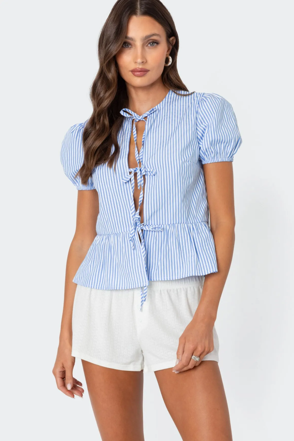 Puffed Sleeve Tie Front Top