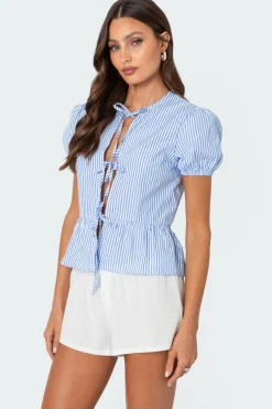 Puffed Sleeve Tie Front Top