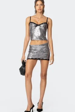 Revel Lace Trim Sequin Mini Skirt