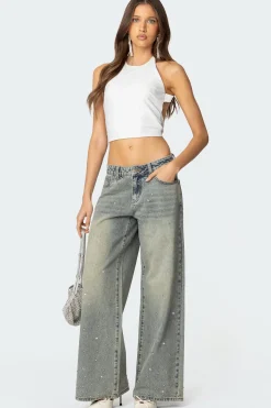 Rhinestone Low Rise Washed Jeans